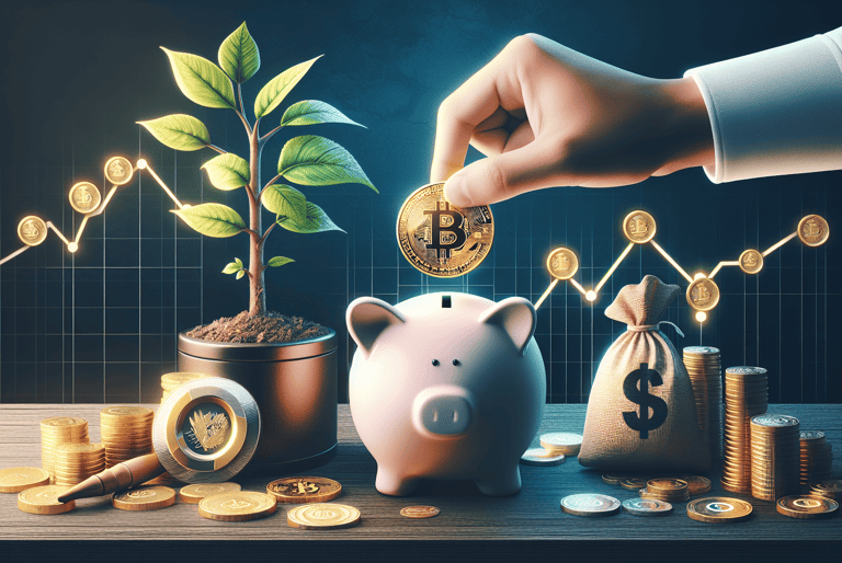 a imagem mostra um homem colocando moeda de bitcoin no cofrinho para economizar.