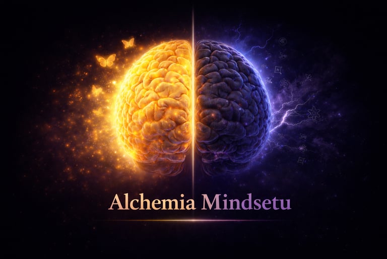 A glowing human brain split into gold and purple halves representing Alchemia Mindsetu logic and creativity.