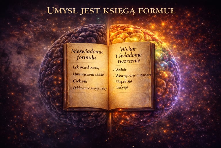 Brain-shaped galaxy backdrop featuring an open book with Polish psychological and mindfulness text.