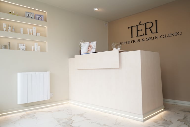Inside Teri Aesthetics & Skin Clinic in Bocking, Essex, showing reception area and skincare products
