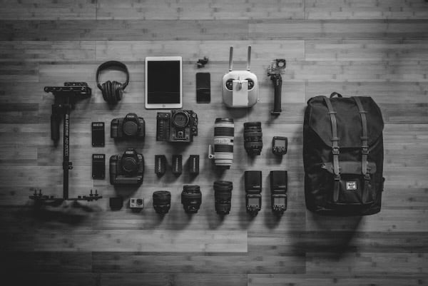Camera gear laid out - the photographer's kit.