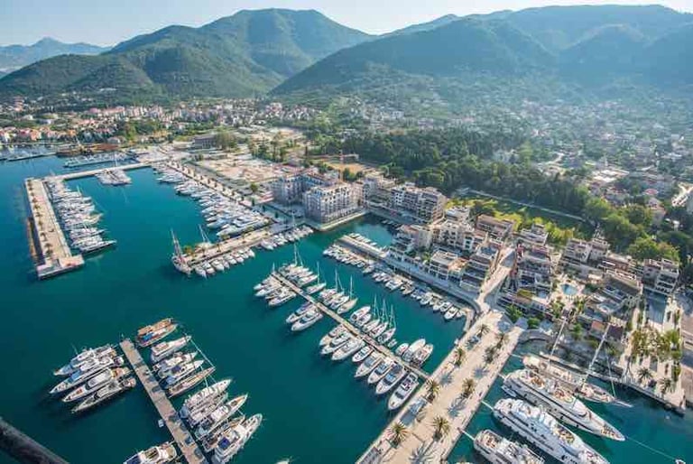 Aerial View of Porto Montenegro Marina where super yachts are moored