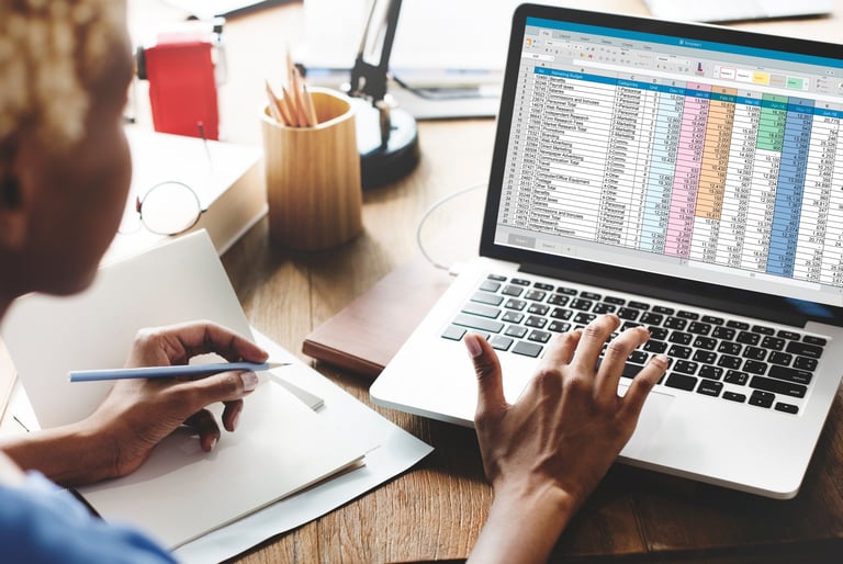 A person sitting at a desk with a laptop and a pen looking at a spreadsheet