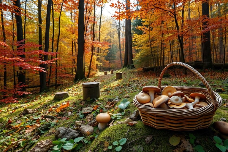 forest scene in autumn with basket of mushrooms