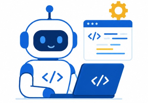 Robot programando en una computadora mediante código digital.
