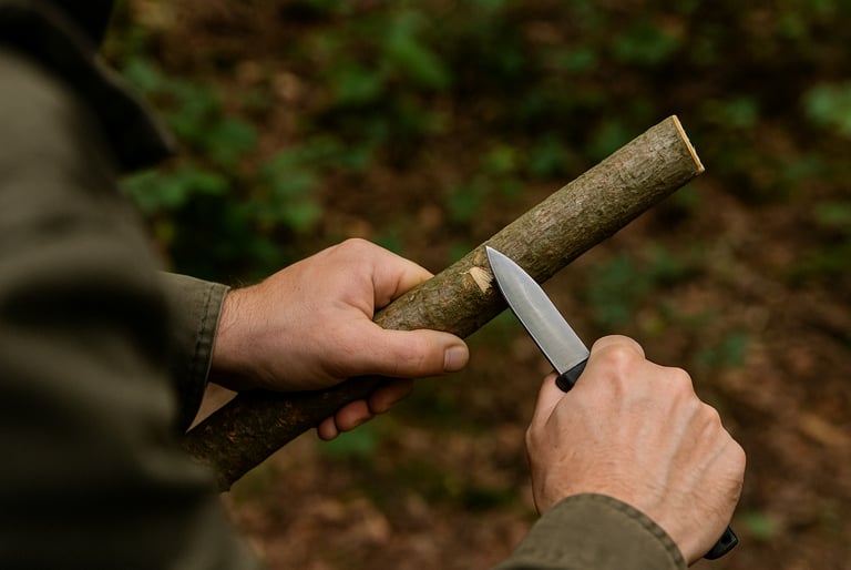 Man carving wood stick with knife for wilderness stake or cooking skewer