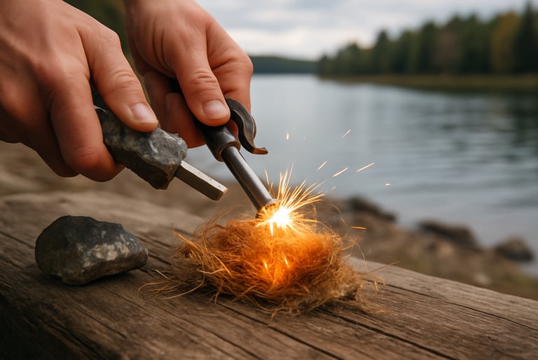 Striking ferro rod to spark tinder nest beside mountain lake