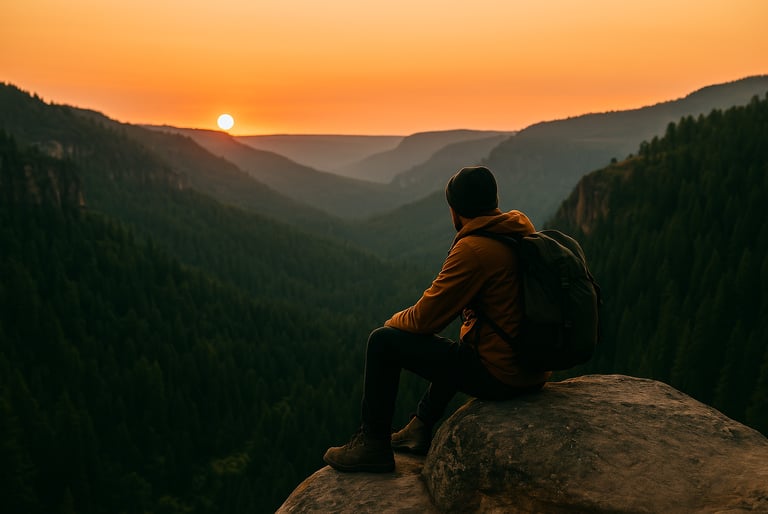 Backpacker sitting on cliff edge at sunset looking over scenic valley