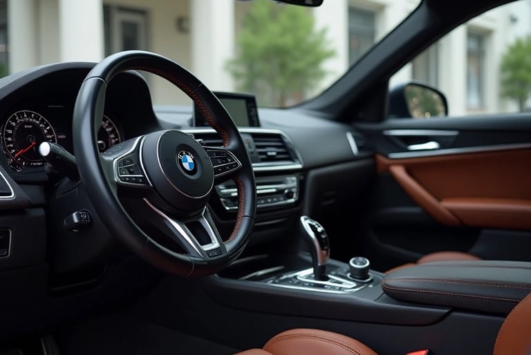 Interior car detailing service including vacuuming, mat shampoo, seat cleaning, leather conditioning