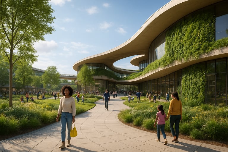 Elevated green spaces on buildings that serve as community hubs and enhance biodiversity