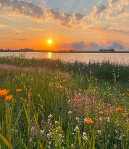 a beautiful sunset over a lake with orange flowers 