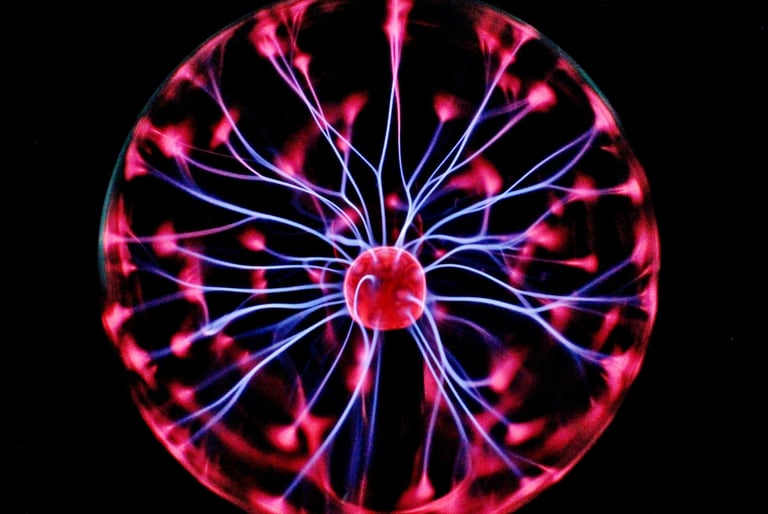 a plasma globe operating showing violet streamers and red patches