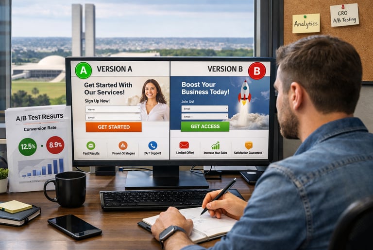 Profissional de marketing em Brasília realizando testes A/B para melhorar a conversão de Landing Pages.