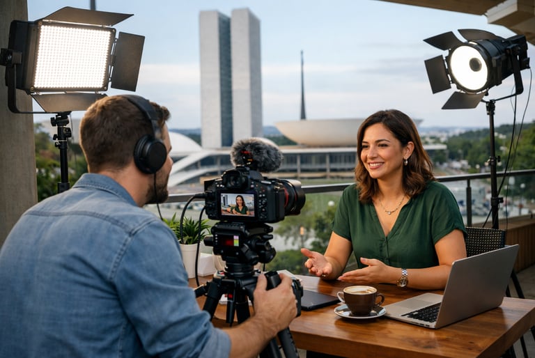 Bastidores da criação de conteúdo em vídeo profissional para blog de empresa em Brasília.