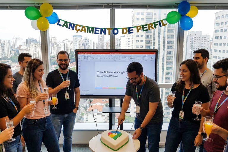 Equipe em escritório moderno comemorando o lançamento de um novo perfil de empresa.