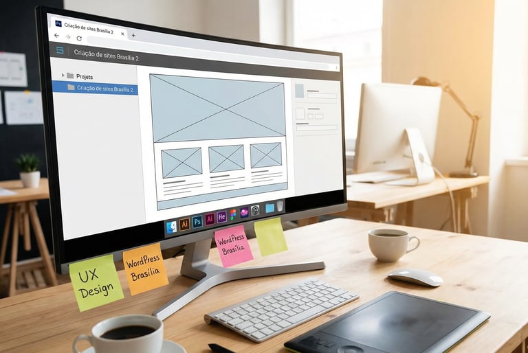  Layout de site moderno sendo desenhado em monitor de alta resolução.