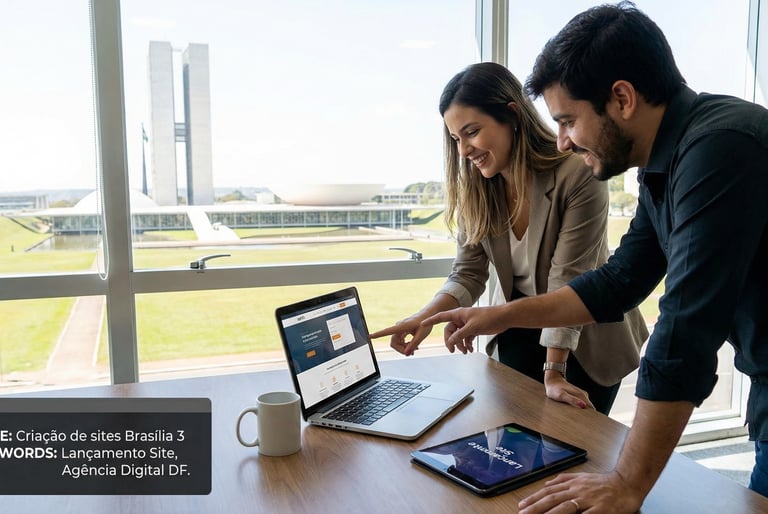 Cliente e desenvolvedor revisando o lançamento de um novo site.