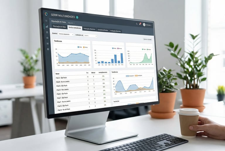 Dashboard profissional gerenciando avaliações de várias filiais.