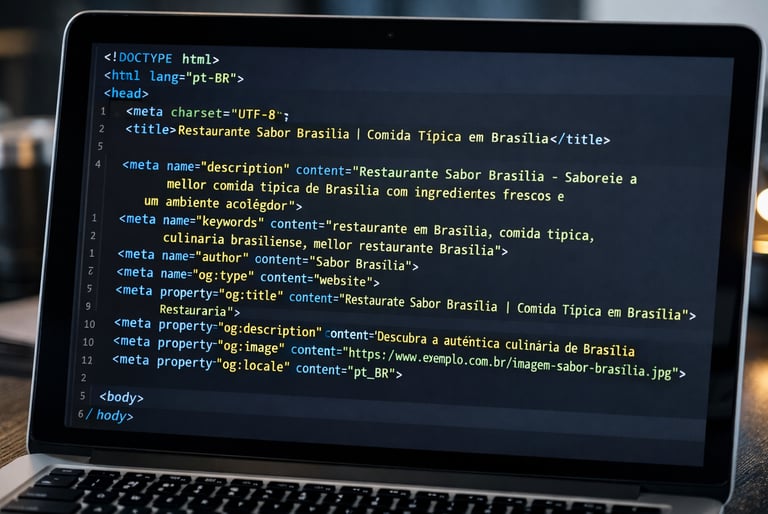 ela de laptop exibindo código otimizado com meta tags de SEO para empresas de Brasília.
