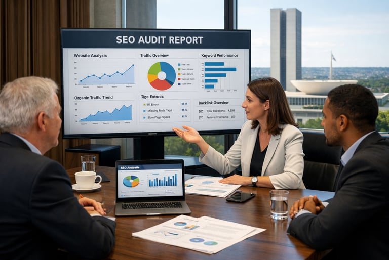 Relatório de auditoria de SEO sendo discutido em reunião estratégica em Brasília.