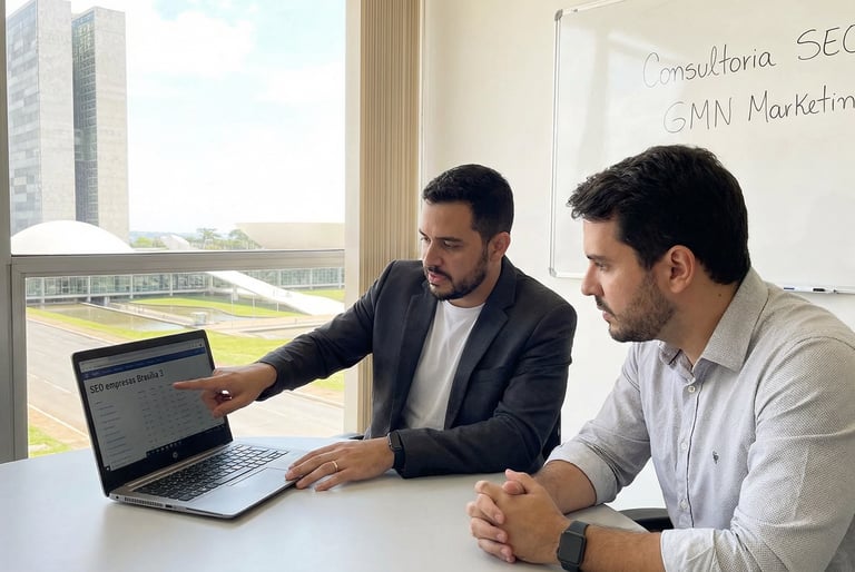 Consultor de marketing digital explicando estratégia de SEO em Brasília.