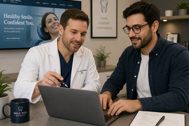 Dentista e desenvolvedor web discutindo projeto de site em um laptop.