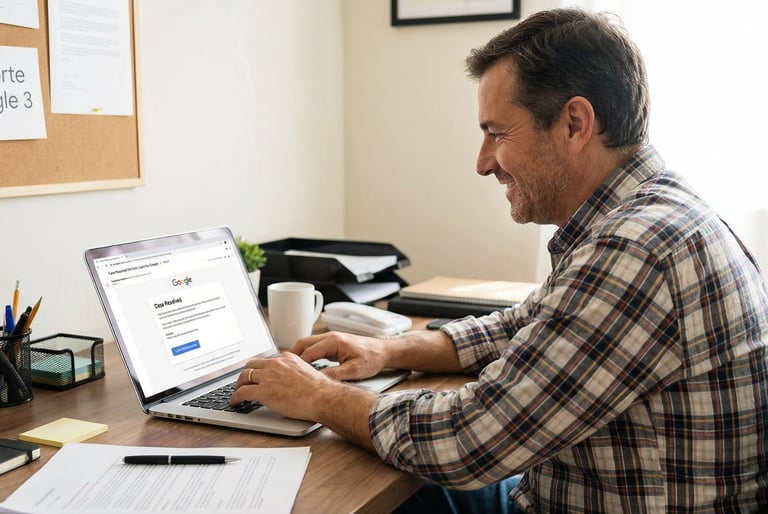 Empresário sorrindo após resolver um caso com o suporte do Google.