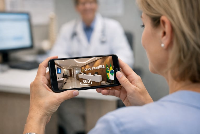 Paciente explorando o interior de uma clínica médica em Brasília através de um tour virtual 360 no celular.