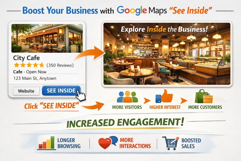 Infográfico de visibilidade no Google Maps impulsionada por inteligência de dados e SEO avançado.