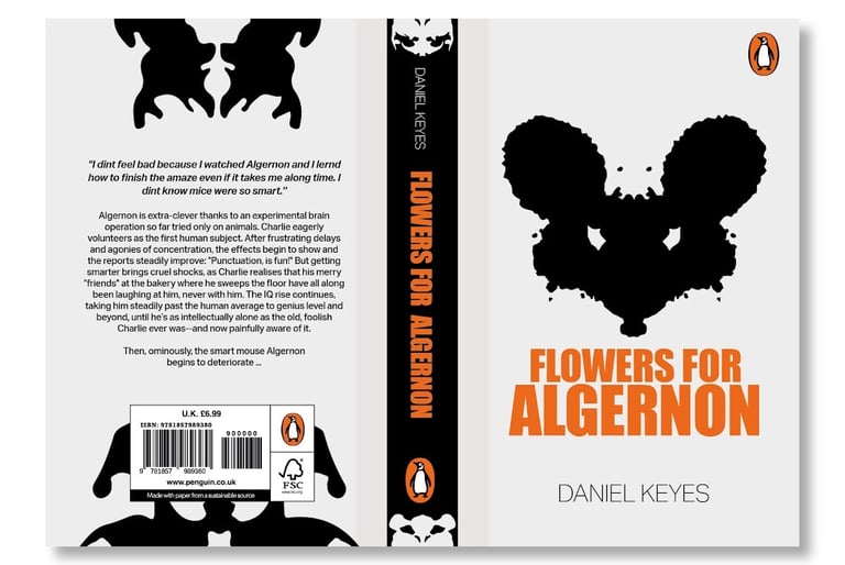 Flowers for Algernon book cover by Daniel Keyes featuring a black inkblot mouse on a white background.