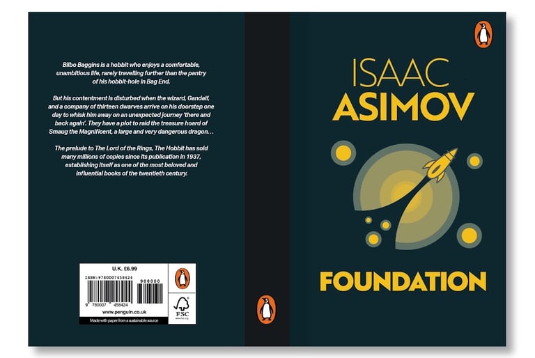 Foundation by Isaac Asimov book cover featuring a retro sci-fi rocket and planet illustration.