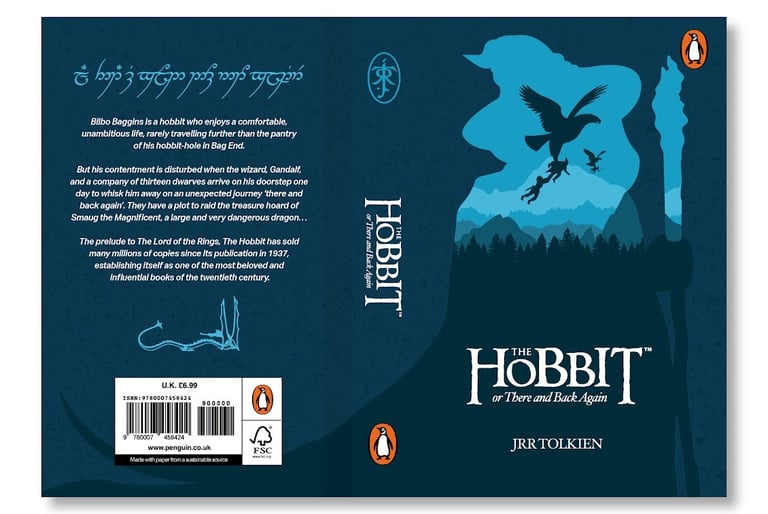 The Hobbit by JRR Tolkien book cover featuring a blue landscape with a dragon and mountain silhouette.