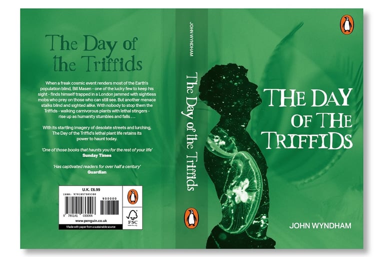 Full book cover spread of The Day of the Triffids by John Wyndham featuring a green silhouette of a man.