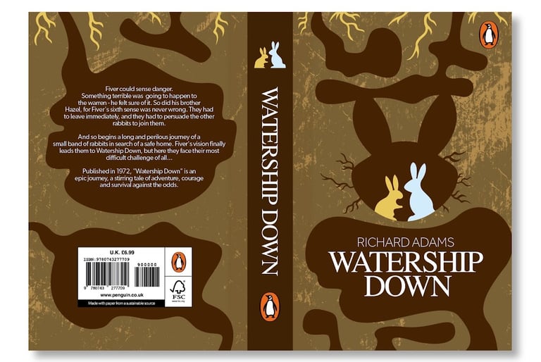 Book cover for Watership Down by Richard Adams featuring a minimalist rabbit silhouette and underground burrow design.
