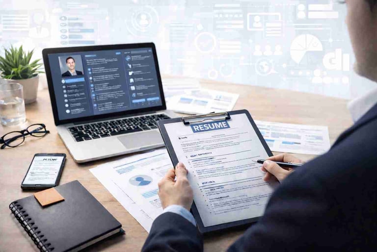 Consultor revisando resume y perfil profesional en la pantalla de la computadora portátil.
