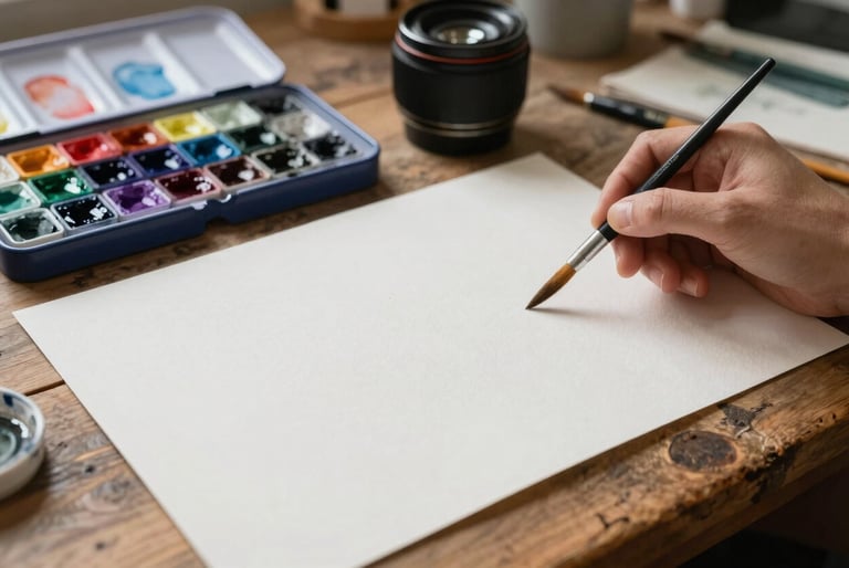 A close-up of professional watercolors, soft brushes, and thick art paper on a rustic wooden table in a sunlit studio in France. Calming and creative atmosphere.