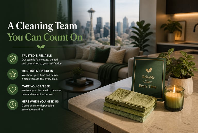 Professional cleaning service team features in a tidy Seattle apartment with Space Needle views.