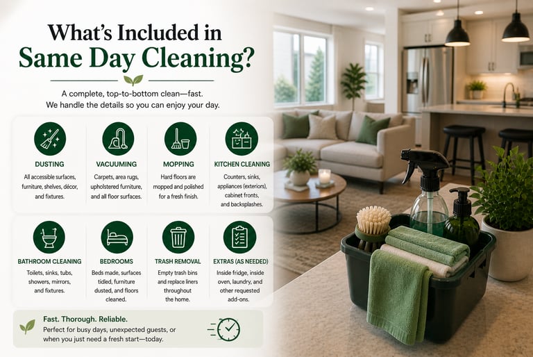 Infographic showing same day cleaning services like dusting, vacuuming, and kitchen cleaning in a modern home.