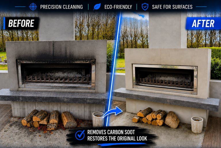 Before and after laser cleaning results showing soot removal from a modern outdoor stone fireplace.