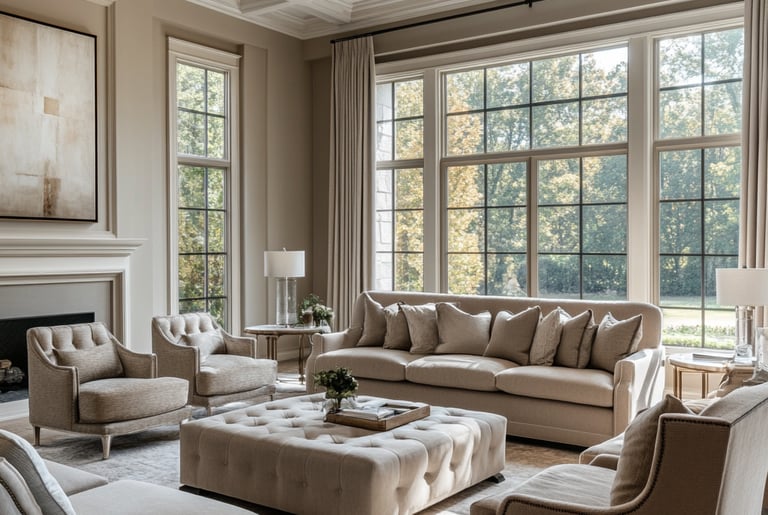 a living room with a couch and accent chairs