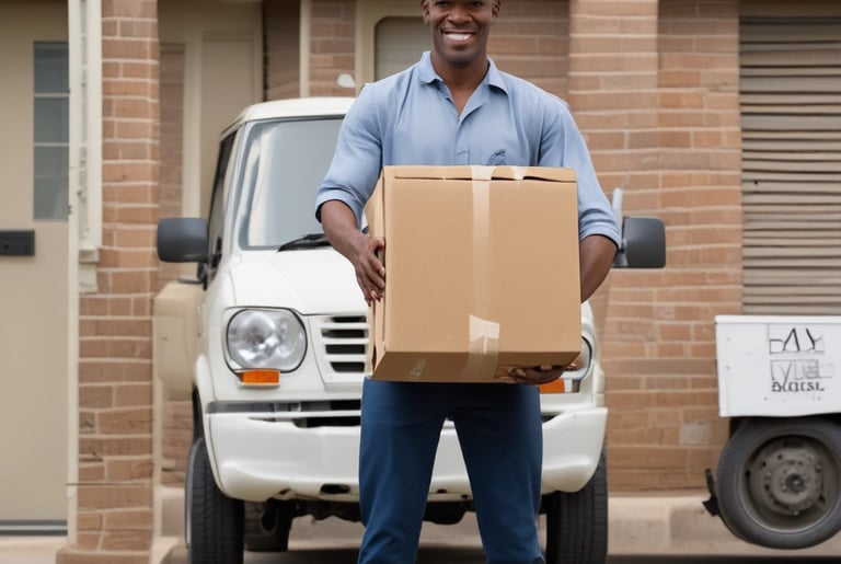 A courier handing over a package to a smiling customer at a garden village doorstep.