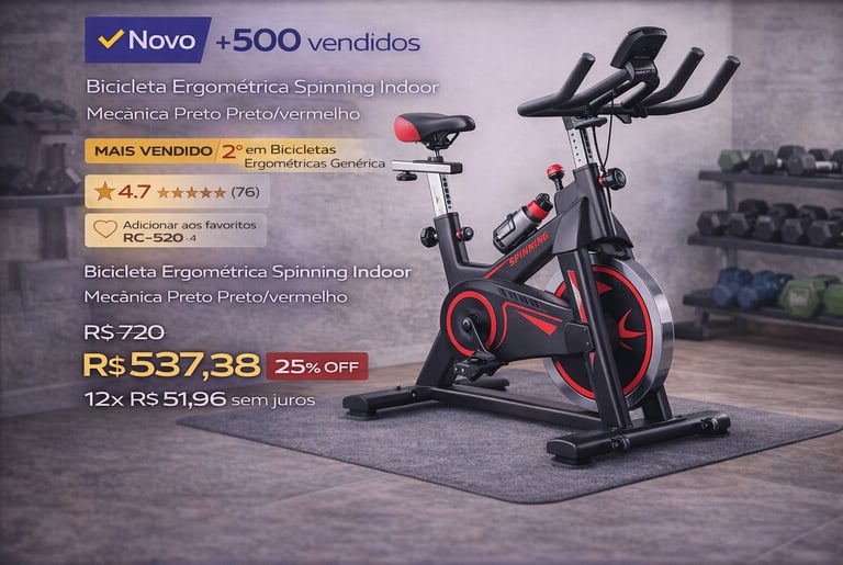 Bicicleta ergométrica spinning indoor preta e vermelha em promoção para treino em casa.