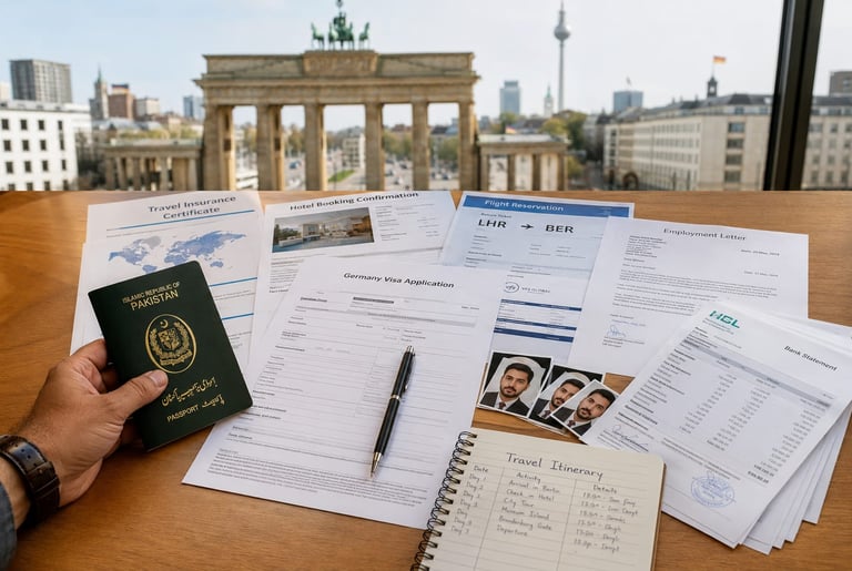 Pakistani applicant preparing Germany visa documents, passport, bank statements, travel insurance, 