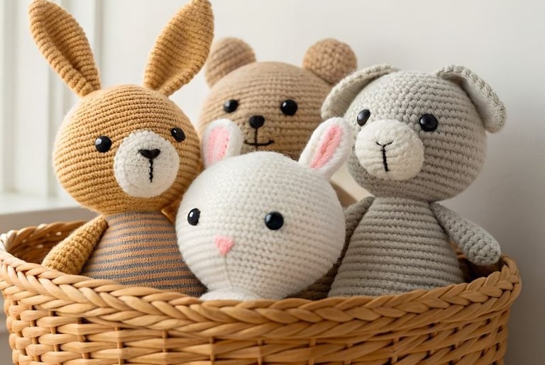 Animales amigurumi tejidos a crochet hechos a mano, incluye un conejito y osos sentados en una caja