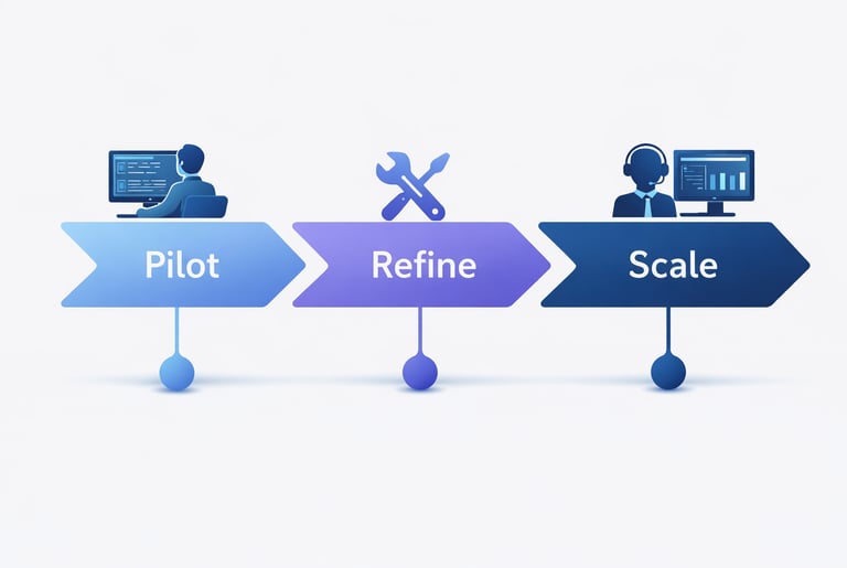 A phased diagram or timeline showing “pilot → refine → scale”.