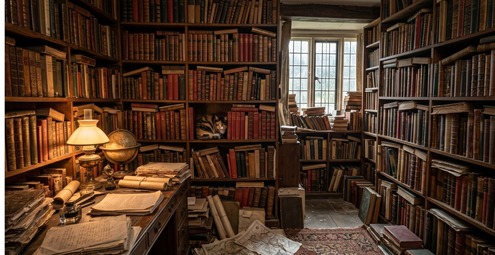Easy hidden cat puzzle in a clean, well-lit library with neat bookshelves.