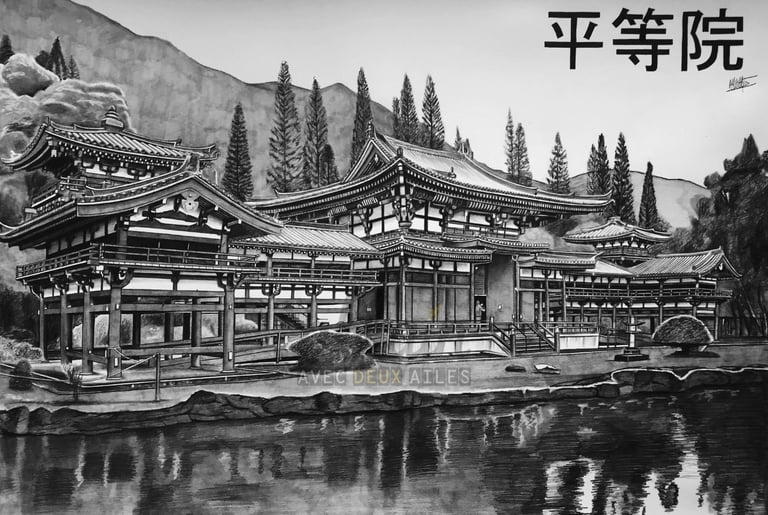 Dessin réaliste d'un temple japonais