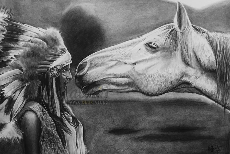 Dessin réaliste d'une femme indienne avec son cheval