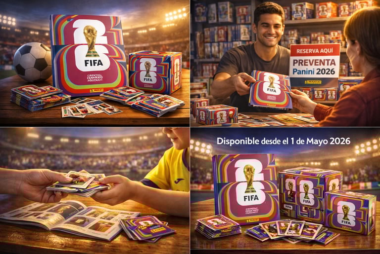 FIFA World Cup 2026 Panini sticker album and booster packs collection on display.