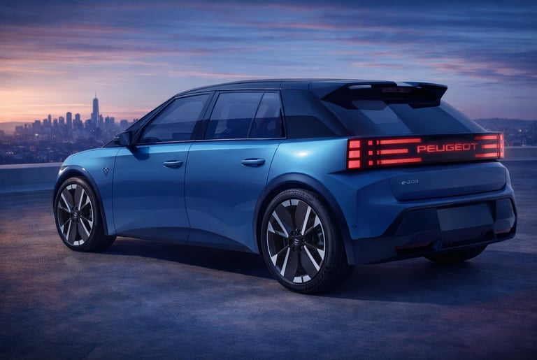 Novo Peugeot 208 2027 visto pela traseira com design moderno e iluminação em LED futurista